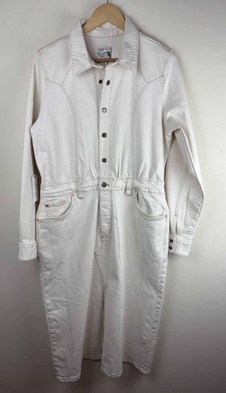 Tecovas Long Sleeve Ivory Natural Denim Dress Midi Split Front Western Sz XL
